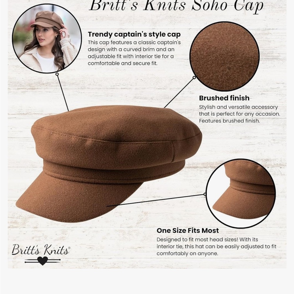 NWT Britt's Knits Soho Cap. OS. Brown